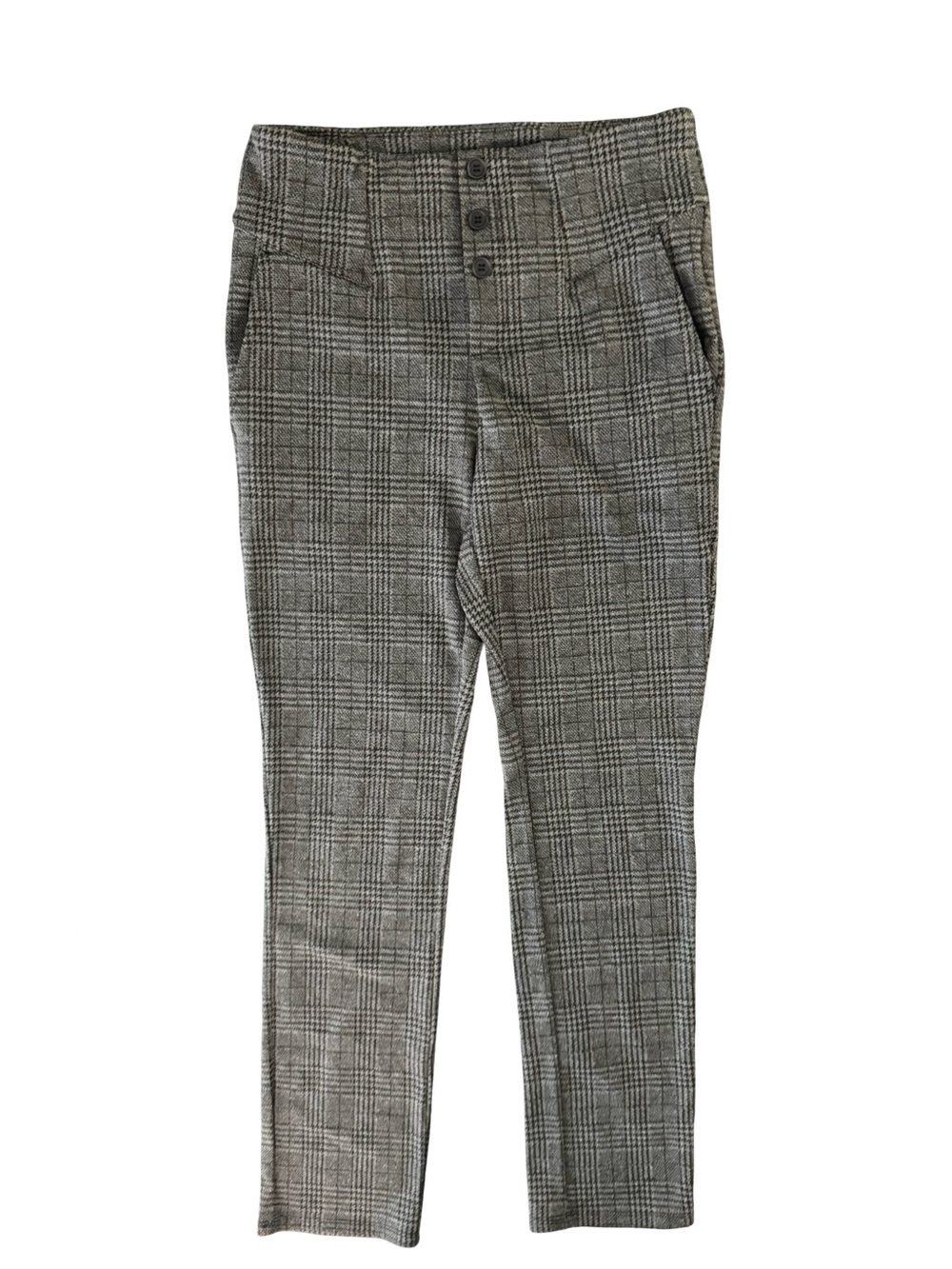 Halara Gray Plaid Straight Leg Pull On Pants Button Front Stretch Women’s Medium